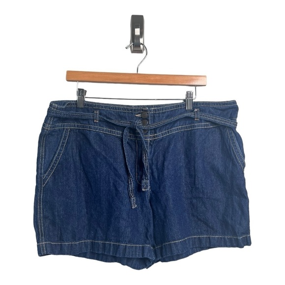 LOFT Dark Denim Jeans Shorts Cotton Linen Blend Tie Waist Size 16 NWOT - Picture 1 of 14